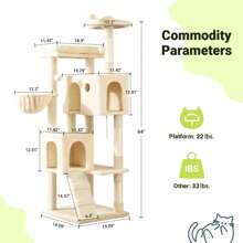 Allewie Árbol para gatos Allewie de 162 cm, centro de actividades multinivel para felinos grandes de interior, 2 compartimentos de felpa, 2 perchas, cesta, casa, rascadores de sisal y juguetes colgantes, color beige.