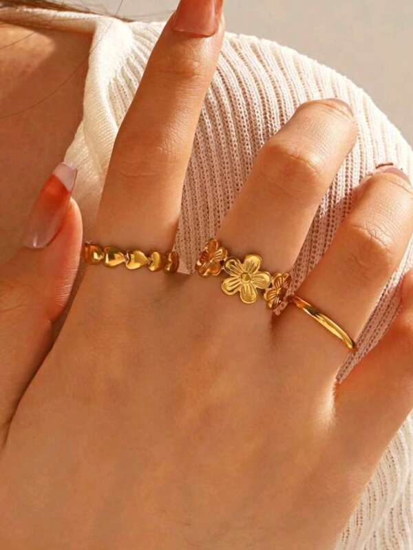COINBUFF 3pcs Colorful Oil Dripping Flower & Heart Stainless Steel Gold-Plated Ring Set, Sweet Vacation Jewelry For Women