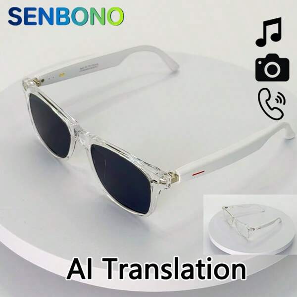 SENBONO نظارات ذكية أصلية من SENBONO موديل 2025 مع ميزة الترجمة بالذكاء الاصطناعي، مزودة بميكروفون وسماعات، مكالمات صوتية عالية الجودة وتشغيل الموسيقى، نظارات ذكية سمعية مناسبة للرياضة والقيادة والصيد والاستخدام اليومي في المنزل، مناسبة للرجال والنساء، هدية مميزة
