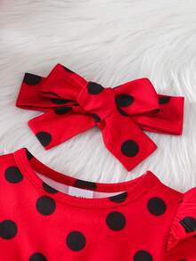 3pcs Baby Girl Autumn New Round Neck Small Flying Sleeves Polka Dot Ladybug Positioning Printing Long Sleeve Pullover Dress & Stretch Comfortable Trousers & Hairband Set Suitable For Outdoor Wear - Đỏ - Xem 3