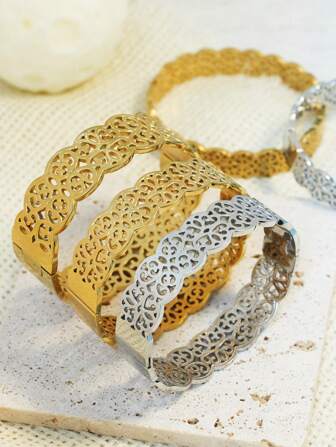 1. Stainless Steel Gold & Silver Bohemian Floral Jewelry For Women's Wedding, Dubai Style Hollow Crown Luxury 18K Gold-Plated Bangle, Lightweight Middle Eastern Style Bracelet, Suitable For Wedding Accessories, Daily Wear And Special Occasions, Mother's Day