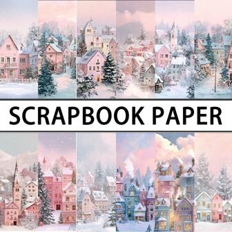 24/36 件粉色圣诞屋剪贴簿纸垫，5.9 * 5.9 英寸单面冬季圣诞雪屋剪贴簿纸，适用于子弹日记、垃圾日记、DIY 工艺品和礼品包装、剪贴簿用品