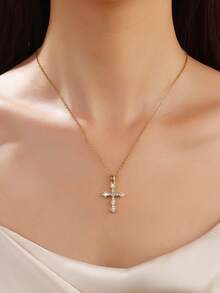 1 件不锈钢方晶锆石镶嵌十字架吊坠项链，适合女性日常佩戴 - 金黃色 - 查看 2