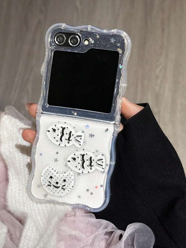 Glitter Epoxy Fish Pattern Phone Case For Samsung Galaxy Z Flip6 Foldable Phone, Protective Cover For Z Flip4, Z Flip5