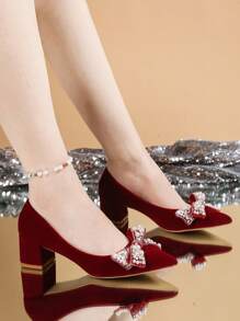 2024 New Red Bridal Shoes For Women, Low Heel Thick Heel Non-Tiring High Heel Shoes, Suitable For Summer Ceremonial And Wedding Occasions Valentines