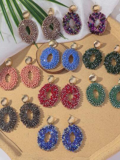 1 Pair Vintage Handmade Crystal Beaded Earrings, Bohemian Geometric Round Hoop Earrings, Mixed Color Seed Pearl Earrings, Elegant & Versatile For Women