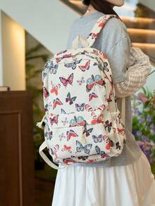 1 件尼龙面料蝴蝶印花时尚百搭休闲夏季新款优雅大学生女士背包，适合女性日常使用 - 白色 - 查看 9