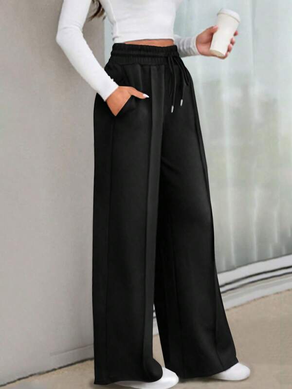 Women's Casual Elegant Plain Drawstring Wide Leg Pants, Loose Fit, Suitable For Spring And Autumn Everyday Wear