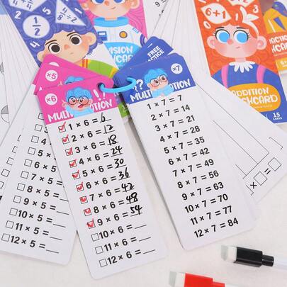 Tarjetas de memoria reutilizables para niños con juegos de adición, sustracción, multiplicación y división, práctica borrable, tabla de multiplicar, juego educativo - Tarjetas didácticas de matemáticas, juego para niños - Herramienta de aprendizaje de adición y sustracción, suministros de aprendizaje para estudiantes, tarjetas de aprendizaje de rompecabezas educativos - Regalo de Navidad, juguetes para niños