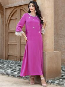 Luxury Satin Beaded & Feather Splice Long Dress, Slimming Maxi Robe