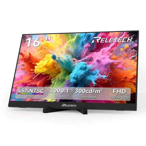 Reletech Moniteur portable 16 pouces 1200P écran IPS ultra-fin avec support, pour ordinateur portable, PC, PS 5, X Box, Switch, moniteur de jeu