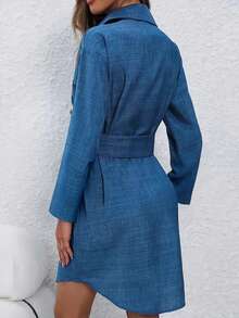 Women's Solid Color Button Front Belted Pocket Shirt - Blue - View 4