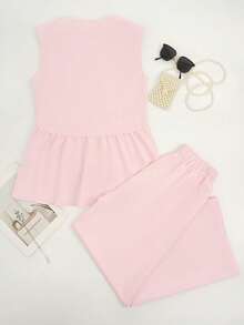 Linen Blend Sleeveless V-Neck Loose Top With Elastic Waist Pocket Wide Leg Pants Set, Women's Autumn Outfit, Y2K Style, Vintage, Travel Airport, Back To School, Street Style - Baby Pink - View 5