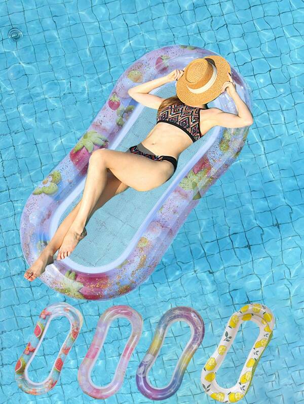 1 pieza Flotador inflable de red impresa para piscina con centro de malla suave, tumbona de agua con reposacabezas para fiesta en la piscina