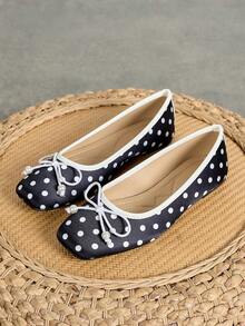 Scarpe da ballo a pois nere con punta quadrata per donne taglia forte, comode scarpe casual slip-on adatte a vestiti, ballerine con fiocco, nuovi arrivi primavera/autunno 2025 - nero - Visualizzare 3