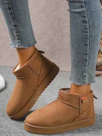 2025新款秋冬女式防滑厚底保暖纯色蝴蝶结雪地靴，时尚百搭室内靴，女式靴子，毛绒靴