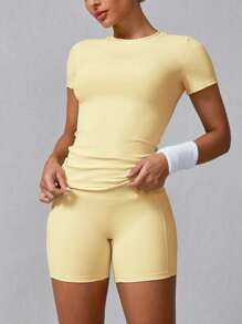 Women's Simple Solid Color Short Sleeve Shorts Sports Suit