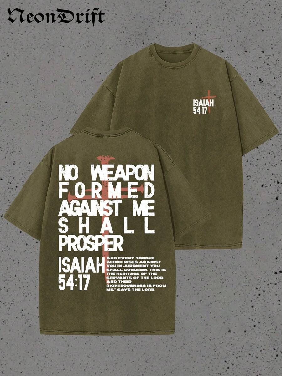Y2K,NO WEAPON FORMED AGANST ME SHALL PROSPER,54:17,My Love....Retro Washed Heavy Cotton Wash T-Shirt, Multiple Colors To Choose From, A Surprise Gift For Family And Friends - 橄欖綠 - 查看 1