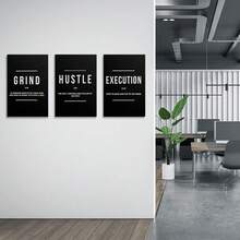 GUBIYU Black Hustle Grind Execution Wall Art Set Of 3 Framed Canvas Office Inspirational Motiviational Wall Decor Art Positive Quotes Posters Living Room Pictures Walls Decor Mens Guys 12x16 - A012 勵志牆畫 - 查看 3