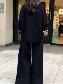 2 件套大码女士休闲简约通勤复古优雅度假长袖上衣和裤子