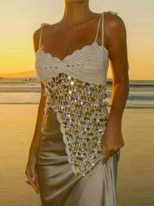 Women Boho Tops Summer Crochet Knit Sequin Camisole Tops Tie-Up Spaghetti Strap V-Neck Split Hem Cutout Tank Tops Slim Fit Shirt Beach Vacation Tops Streetwear - 白色 - 查看 3