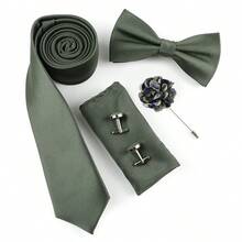 ZONFAZ 5 件/套男士商务经典纯色领带 + 领结 + 口袋巾 + 袖扣 + 翻领针组合西装，适合婚礼和日常西装穿着男士领带