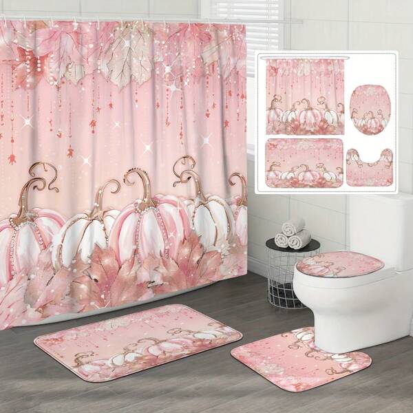 Elegant Autumn Bathroom Set - 4pcs, Includes Maple Leaf & Pumpkin Design Waterproof Polyester Shower Curtain, 12pcs Hooks, Anti-Slip Bath Mat, U-Shaped Toilet Lid Cover - Perfect For Autumn Bathroom Decor