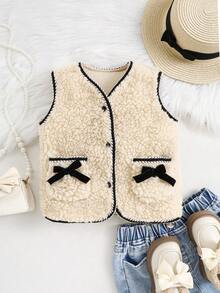 秋冬季女童可爱仿皮草上衣，米色主体搭配黑色滚边，蝴蝶结口袋，宽松版型，保暖又时尚 - 米色 - 查看 1