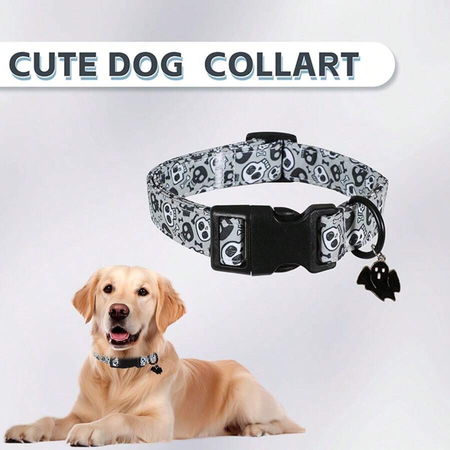Halloween Skull Dog Collar With Ghost Flower Pendant, Suitable For Male And Female Cats, Small, Medium And Large Dogs. - Grey - View 1