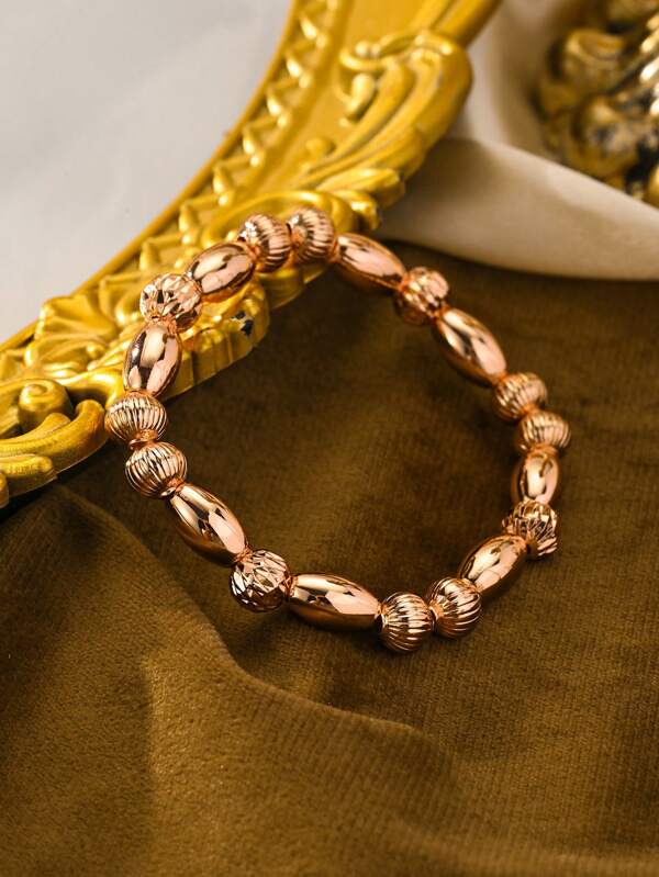 Fashionable And Versatile, Galvanized White Gold, Rose Gold, Yellow Gold, Three-Colors Elastic Bracelet, Multi-Faceted Refractive Beads, Oval Design, Suitable For Couples, Men And Women, Daily Accessories