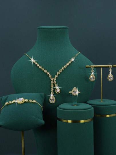 5pcs 18K Gold-Plated Luxury Royal Style Bridal Wedding Accessories Set, Handmade White Cubic Zirconia Includes Necklace, Bracelet, Earrings, Ring, Suitable For Daily Wear And Wedding Anniversary Gift