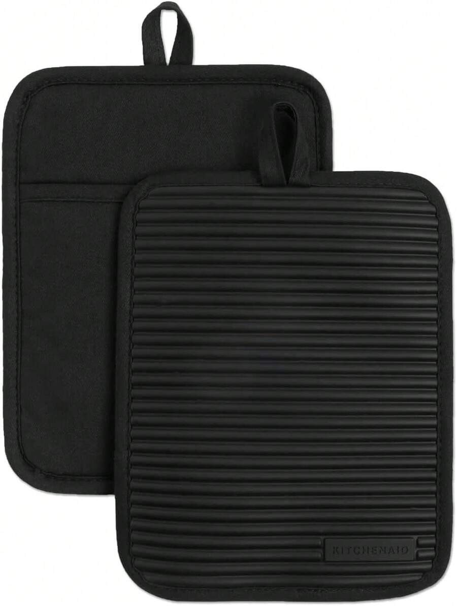 KitchenAid - Juego de 2 Soportes para ollas de Silicona Suave Acanalados, Color café licuado, 7 x 9 Pulgadas - Negro mate - Ver 1