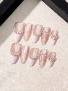 10Pcs Middle Almond Handemade Press On Nails For Party And Daily , Pink Nails, Bow Nails, Easy To Wear10Pcs Y2K Handmade Press On Nails,Summer Style,Suitable For Girls And Women Festivals Parties And Daily Wear Nail Supplies Nails