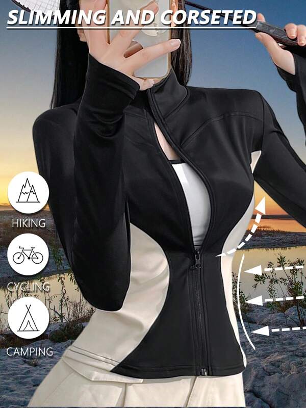 1pc Spring Women's Fashion Sexy Slim Yoga Jacket Deportiva Women Free People Daily Gym Sports Running Fitness Quick Dry Yoga Wear Low Impact Standing Collar Thumbhole Vacation Outfits Women Zipper Long Sleeve Comfortable Soft Summer Outdoor Sports Top