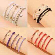 HandFashion Versatile Multi-Style Five Piece Bracelet Set Simple Braided Stretch Glass Rice Bead Round Piece Charm Hand Jewelrymade Bohemian Style Women's Bracelet Set Simple Elastic Glass Bead Round Pendant Pearl Jewelry Anniversary - 杏色 - 查看 4