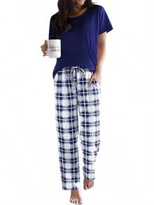 Pajama Sets Women Round Neck Pjs Short Sleeve Sleepwear With Long Pants Loose Lounge Sets - Navy Blue-white Plaid - View 1