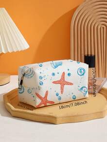 1pc Portable Cosmetic Bag With Seashell, Starfish & Ocean Pattern, Double-Sided Printed Velvet Makeup Pouch, Multi-Functional Toiletry Organizer,Fall Decor,Autumn Decor,Room Decor - Multicolor - View 2