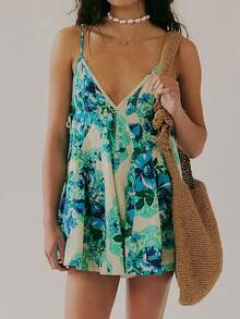 Women Boho Floral Mini Cami Dress Spaghetti Strap Sleeveless V Neck Graffiti Short Dress Y2K Tie Up Colorful Flowy Backless Summer Beach Vacation Sundress - 彩色 - 查看 2