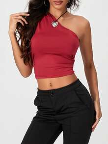 Women's Summer One Shoulder Tank Tops  Soft Stretchy Solid Color Floral For Daily Date Night Party - 酒紅色 - 查看 8
