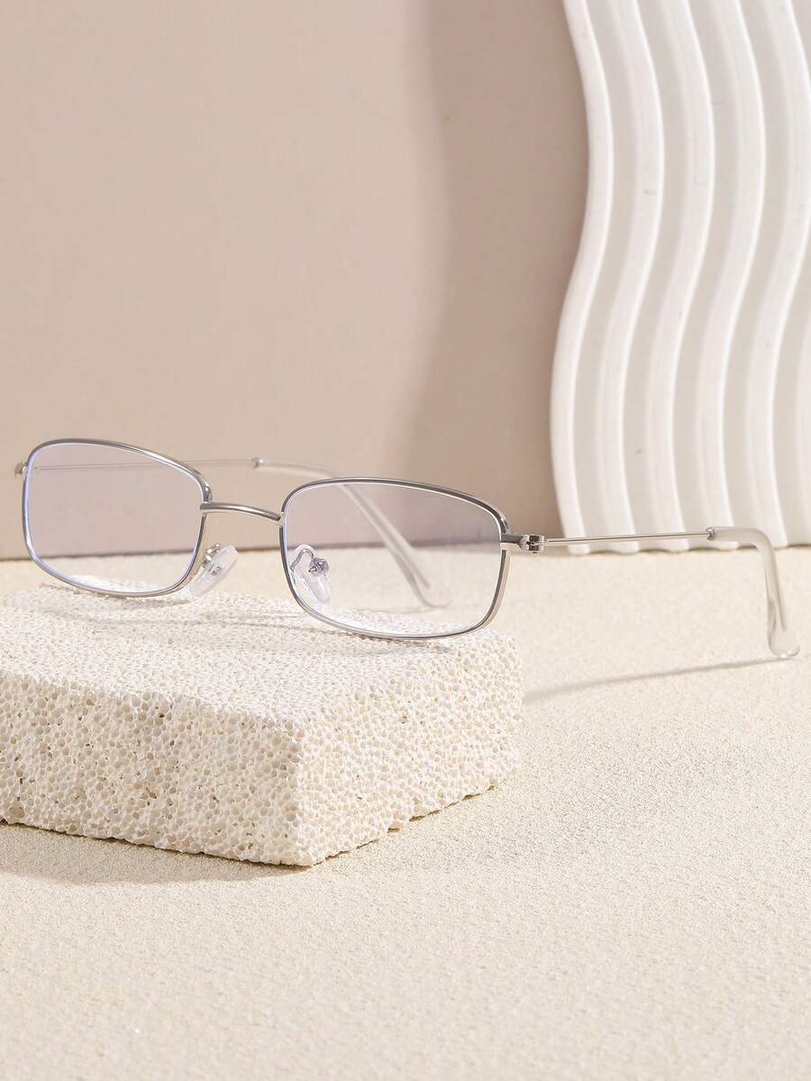 1 pieza Montura de gafas cuadrada pequeña para mujer, con borde metálico delgado, gafas rectangulares ligeras - Plateado - Ver 1
