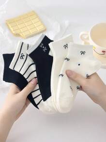 5 Pairs Women's Cute Breathable Striped Bow Polka Dot Pattern Short Invisible Socks, Ankle Socks, Christmas Gift, White Socks, Black Socks, Suitable For Daily & Casual Wear, Suitable For Fall&Winter, For All Seasons - Multicolor - View 3