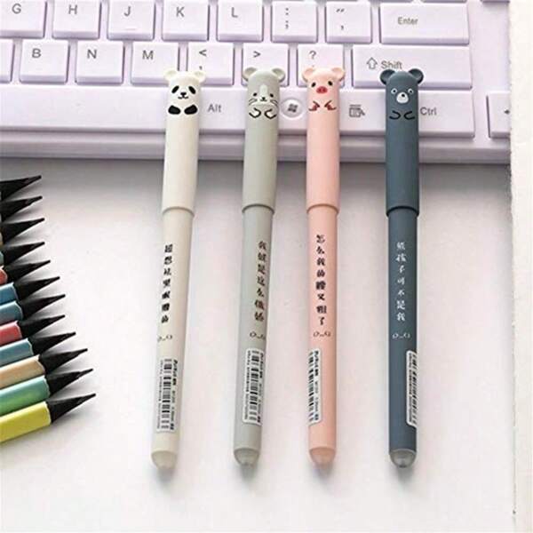 4pcs Cute Pig & Panda Erasable Gel Pens, Cartoon Design, Easy Erase, Magic Erase Ball Point Pen, 0.5mm Black Erasable Neutral Pen, Bright Blue Friction Erasable Pen, Adorable Student Stationery