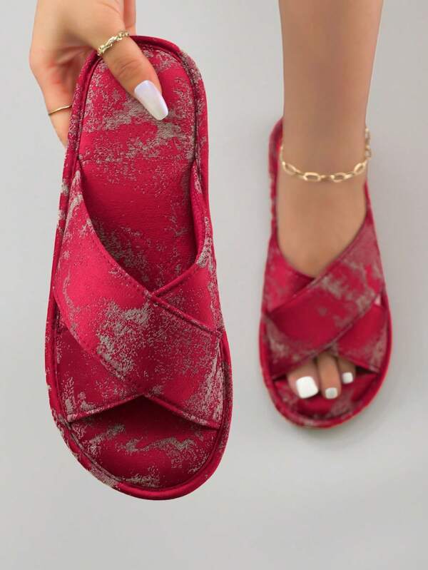 New Chinese Style Embroidered Satin Criss-Cross Comfortable & Elegant Ladies' House Slippers, Anti-Skid