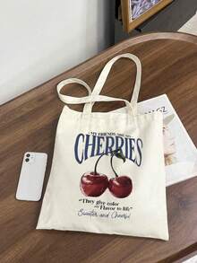 2pcs Fruit Print Tote Bags - Strawberry Bow Pattern Shopping Bag & Minimalist Bohemian Style Handbag, Suitable For Work, Commute, Vacation, Hawaiian Floral Canvas Bag, Compact Design For Daily Use, Ideal For Teenage Girls, College Students, Office Ladies, Perfect For Work, Back To School, High School, University, Holiday, Valentine's Day And More, Boho, Strawberry - Beige - View 3