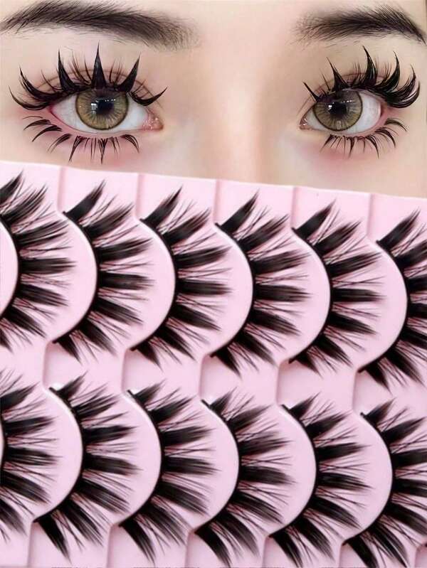 Manga Lashes 10 对仿貂皮睫毛自然蓬松 3D 浓密睫毛柔软交叉纤细睫毛延长化妆派对旅行假睫毛
