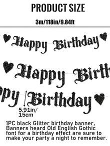 1pc Black Glitter Gothic Letter Old English Happy Birthday Banner, Suitable For Gothic Birthday/Emo Birthday/Party/Friends Gathering/20th, 30th, 40th Birthday Decoration - Black - View 3