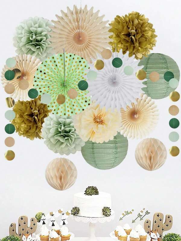 15pcs Sage Green Paper Fans, Lanterns, And Round Paper Flower Garlands For Wedding Party Decorations,Christmas