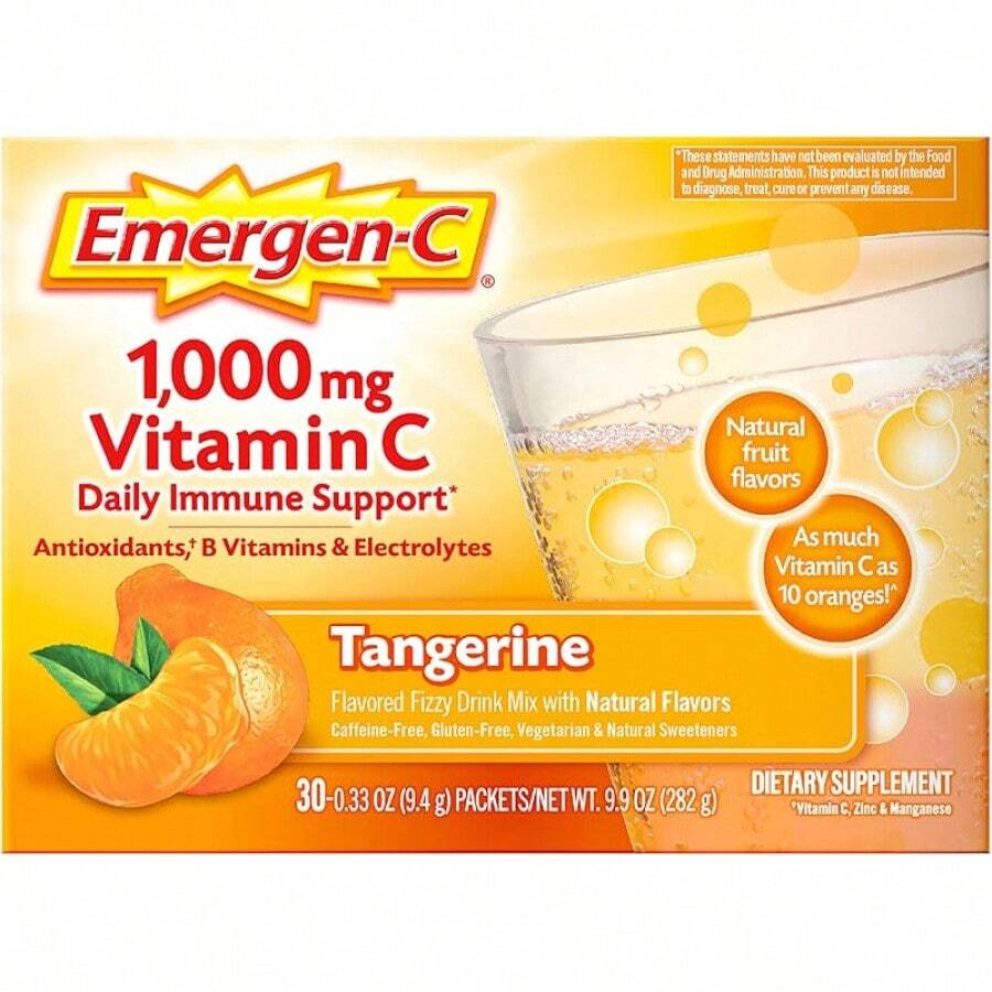 Emergen-C 1000mg Vitamina C en polvo para el apoyo diario del sistema inmunológico, sin cafeína, suplementos de vitamina C con zinc y manganeso, vitaminas B y electrolitos, sabor naranja súper - 30 unidades