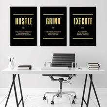 GUBIYU Black Hustle Grind Execution Wall Art Set Of 3 Framed Canvas Office Inspirational Motiviational Wall Decor Art Positive Quotes Posters Living Room Pictures Walls Decor Mens Guys 12x16 - 黑金001 - 查看 3