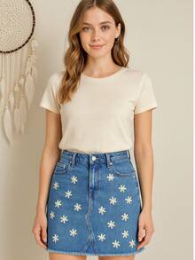Denim Skirt With Small Flower Print - Medium Wash - View 1